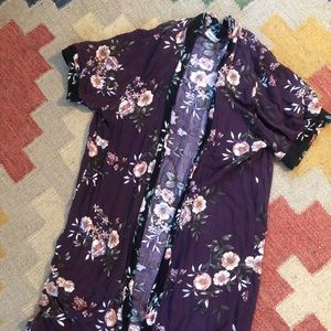Purple Floral Knee-Length Kimono Top
